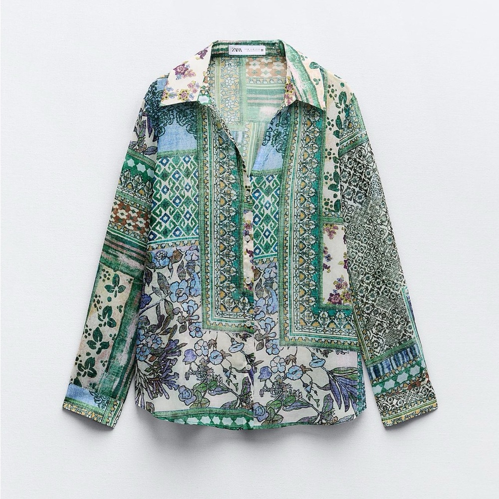 Zara printed patchwork button down shirt